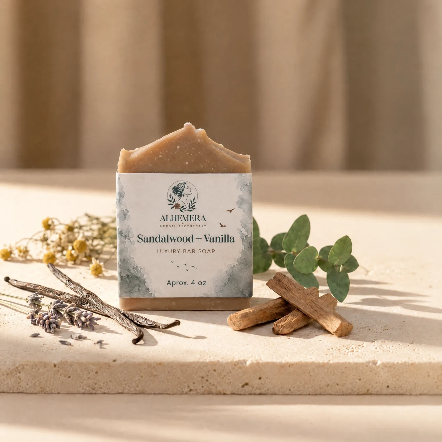 ALHEMERA Sandalwood + Vanilla luxury bar soap on a sunlit stone ledge with sandalwood sticks, vanilla pods, dried chamomile, lavender and eucalyptus