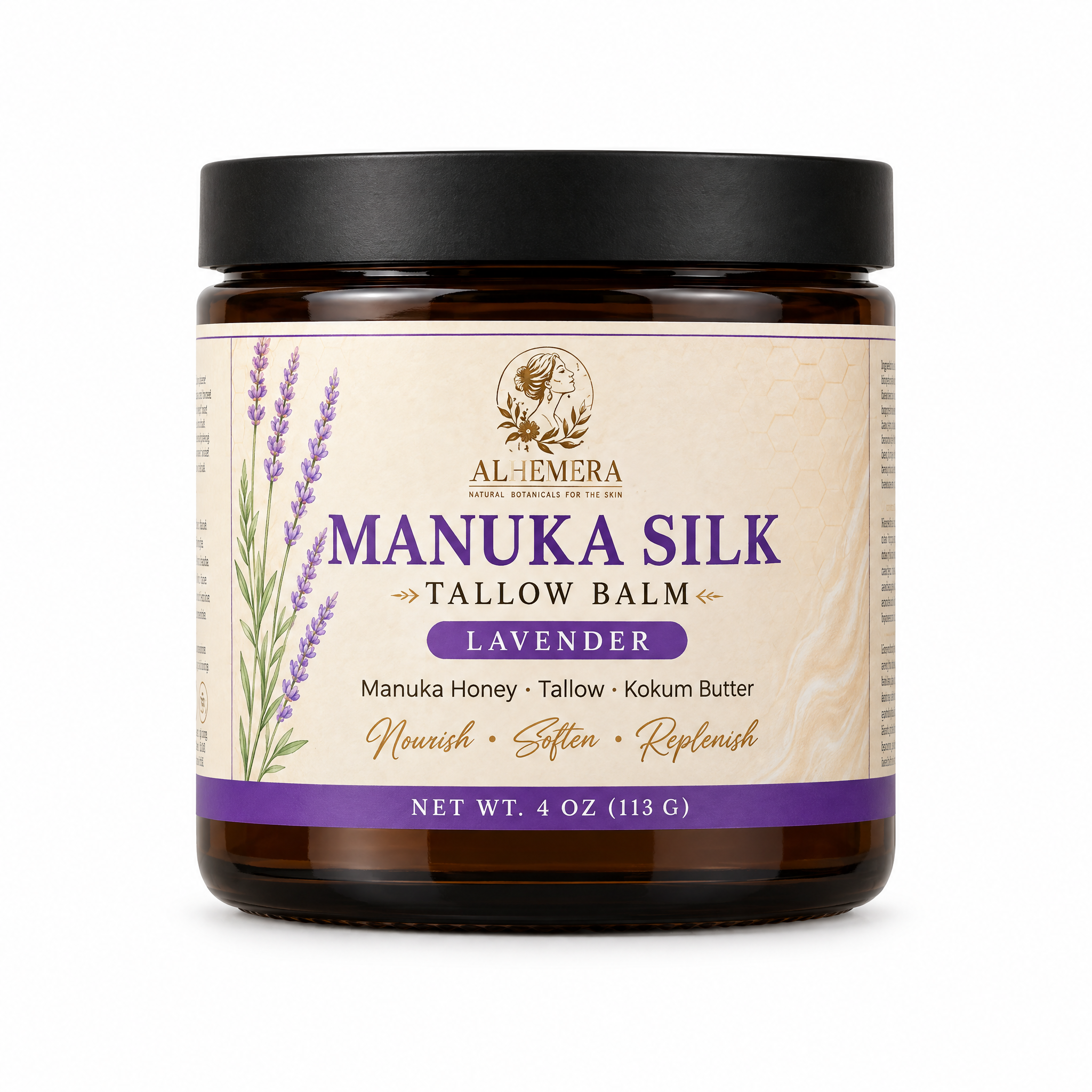 Alhemera Manuka Silk Lavender Tallow Balm in 4 oz amber glass jar